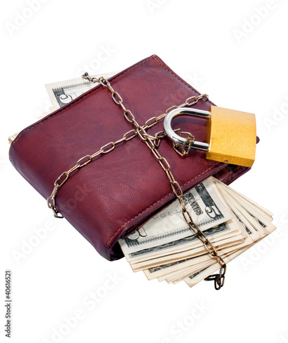 Purse with money closed on padlock. photo