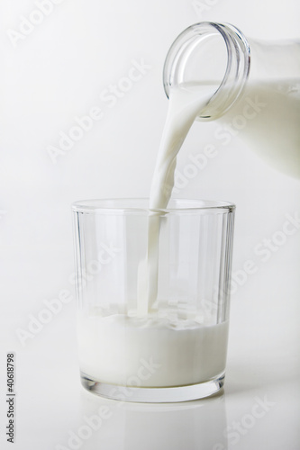 Pouring fresh white milk from bottle into a glass