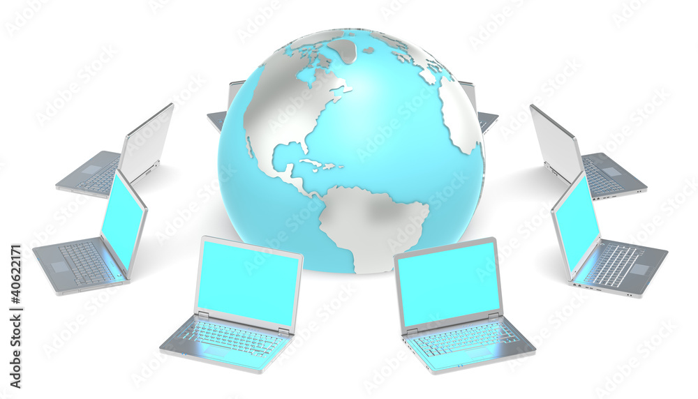 Global Network.Laptops around the Globe. Illuminative screens. Global Network.Laptops around the Globe. Illuminative screens.