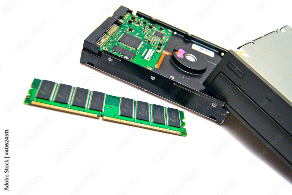 hard drive, cd-rom and computer memory on white hard drive, cd-rom and computer memory on white