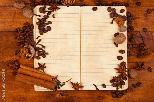 old paper for recipes and spices on wooden table