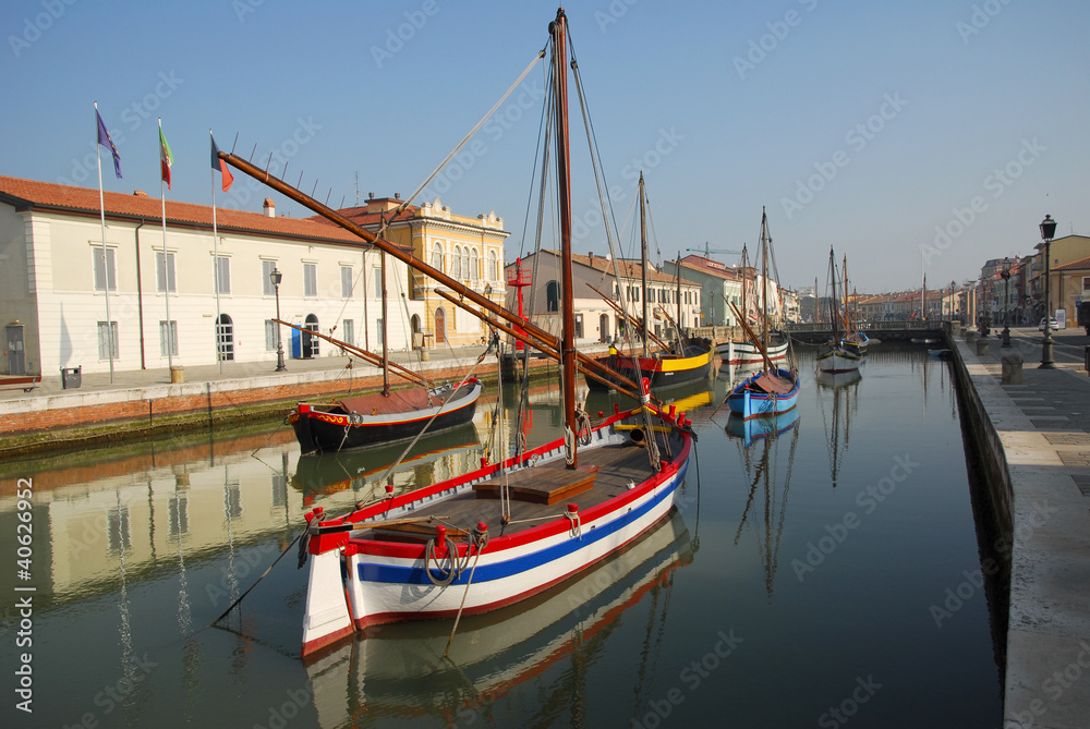 Cesenatico harbor, antique fishing sailing boats