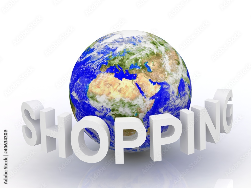 3d Shopping text with globe.