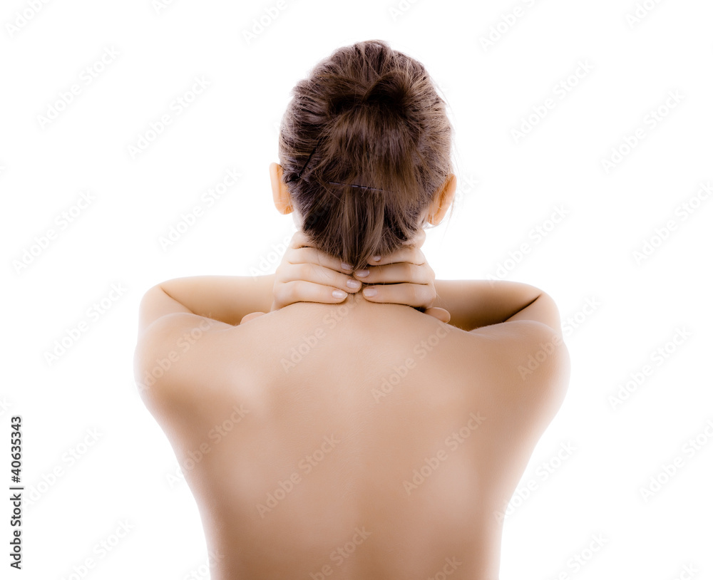 Fototapeta premium Woman massaging pain neck isolated on white background
