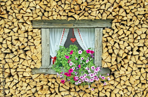 ledge of a window surrounded by flowers freshly cut wood