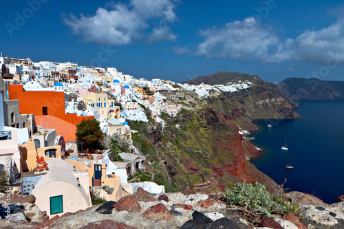 Oia and the volcanic caldera of Santorini at Greece.