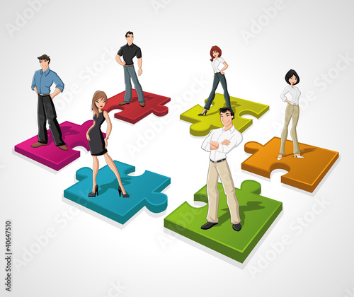 Cartoon business people over puzzle pieces
