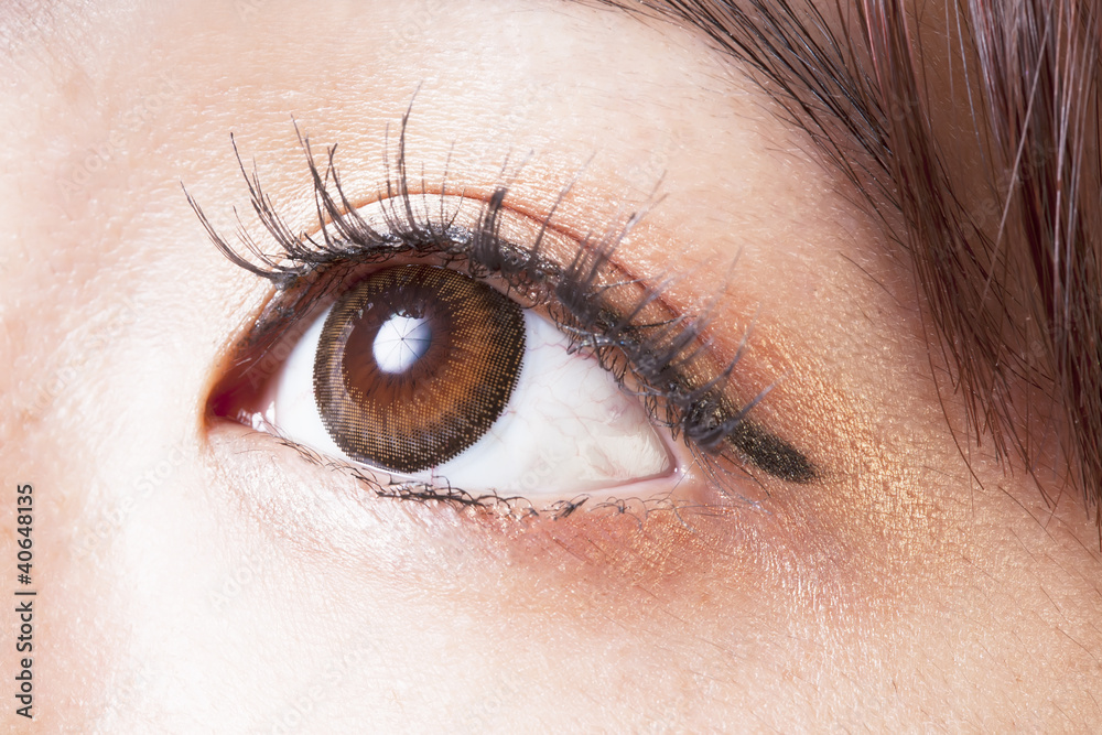 Female eye with brown contact lenses macro Female eye with brown contact lenses macro