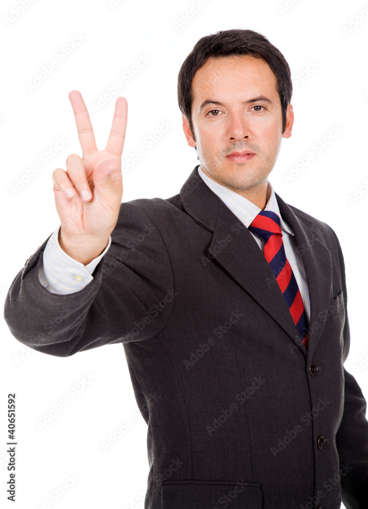 business man showing two fingers or victory gesture, isolated ov business man showing two fingers or victory gesture, isolated ov