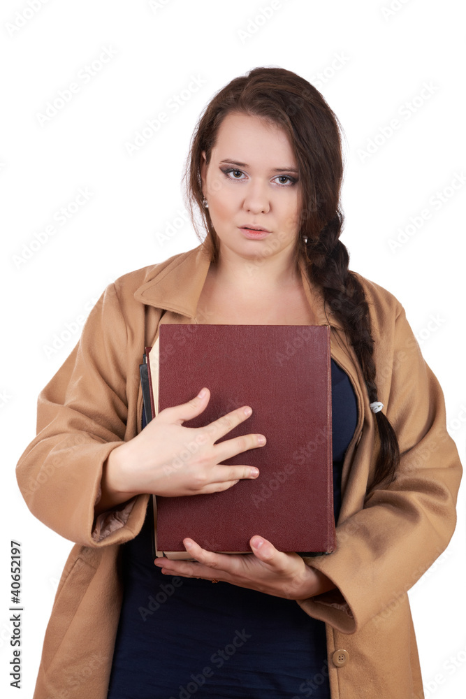 plus size woman with thick volumes of books on a white plus size woman with thick volumes of books on a white