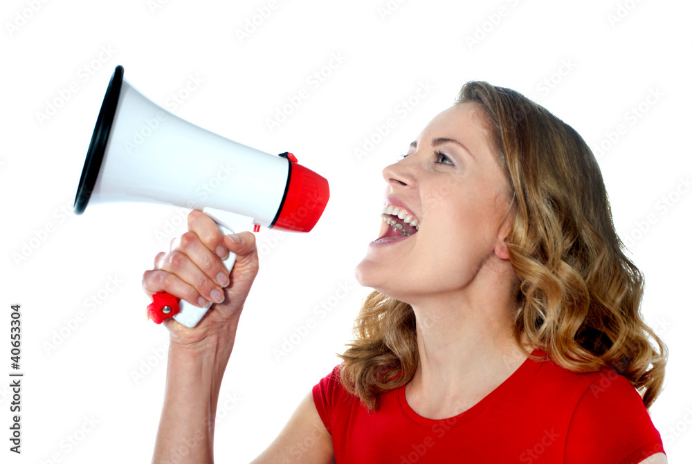 Female spokesperson holding megaphone Female spokesperson holding megaphone