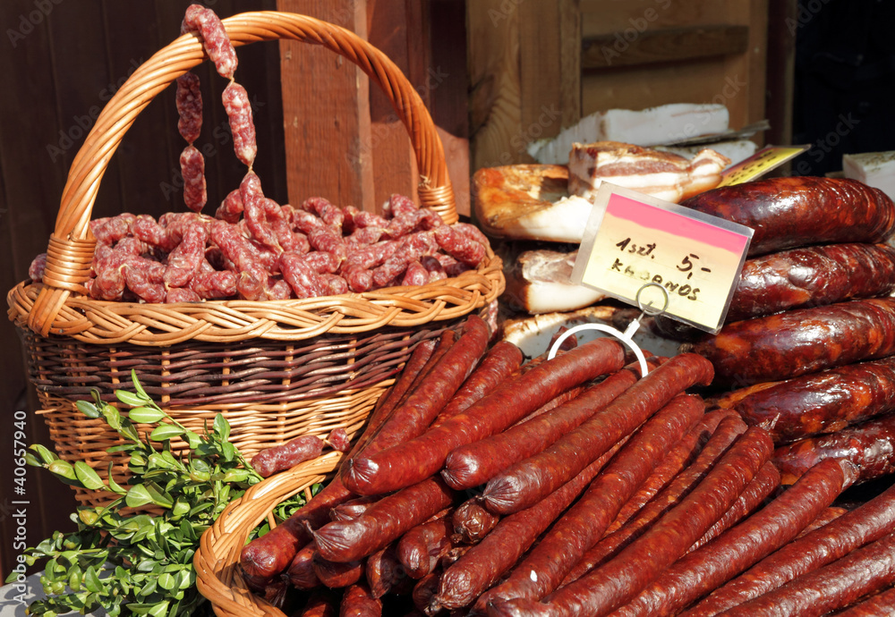 Fototapeta premium sausages for sale on food market in Krakow, Poland, Europe