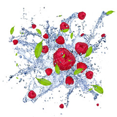 Deken met foto Opspattend water Fresh raspberries in water splash, isolated on white background  © Jag_cz