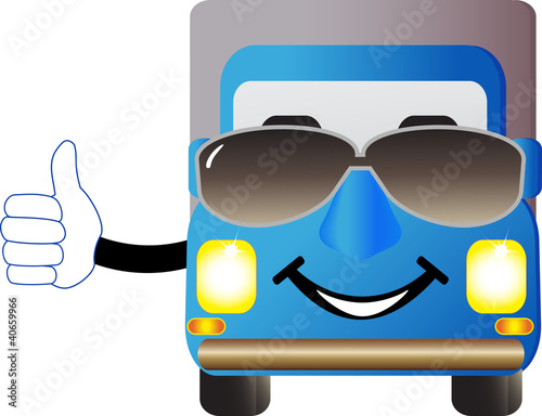 cute cartoon truck with sunglasses and showing thumb up