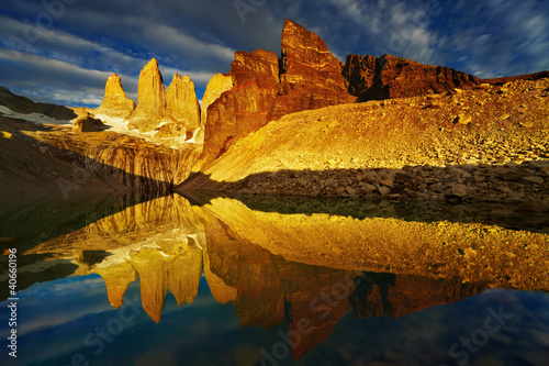Towers with reflection at sunrise, Torres del Paine National Par