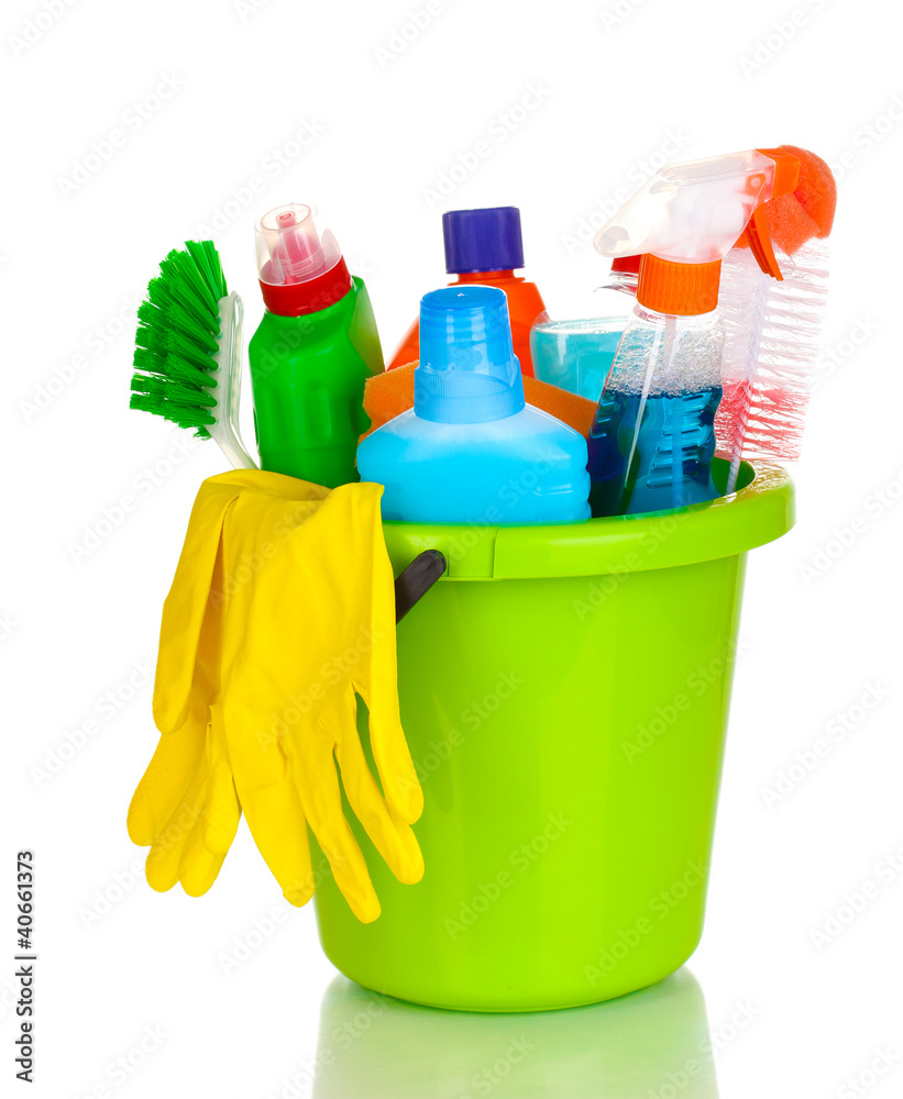 Cleaning items in bucket isolated on white Cleaning items in bucket isolated on white