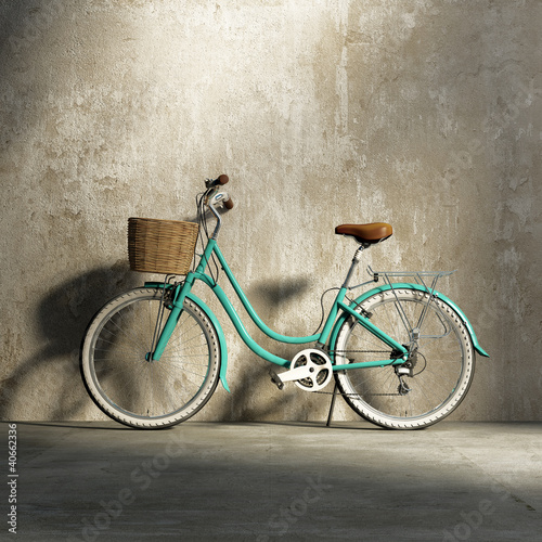 Old vintage romantic  green bicycle, stylish basket grungy wall #40662336