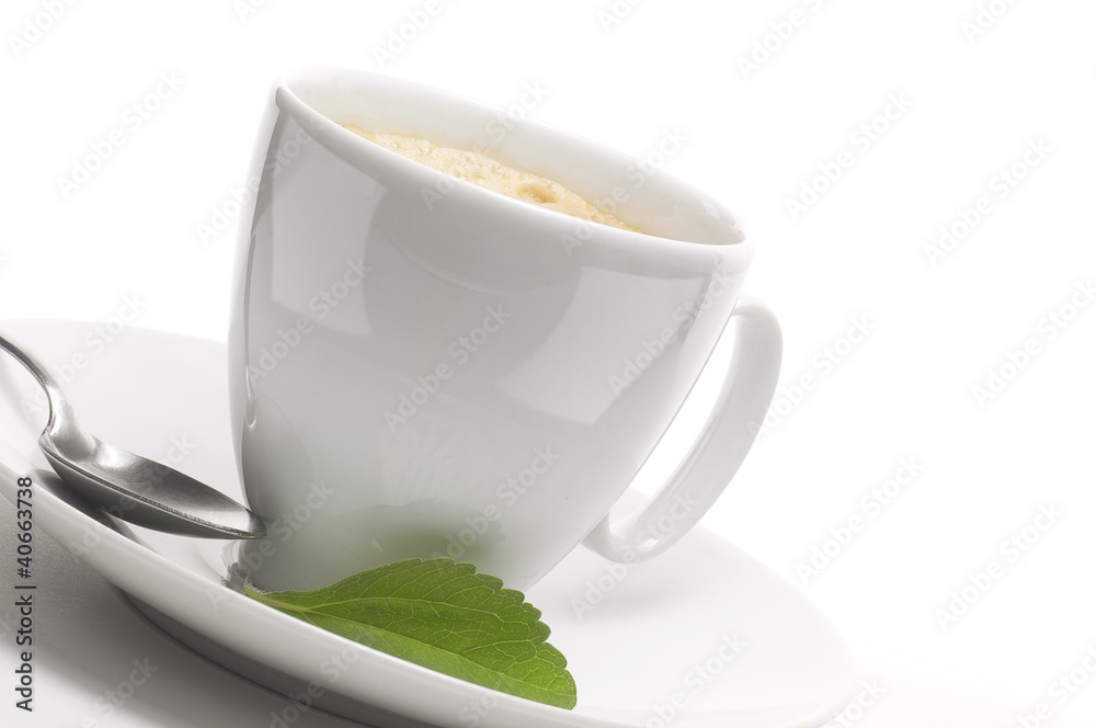 stevia plant and coffee cup, decorative background stevia plant and coffee cup, decorative background