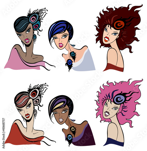 Set of beautiful vintage women. Vector  Illustration.