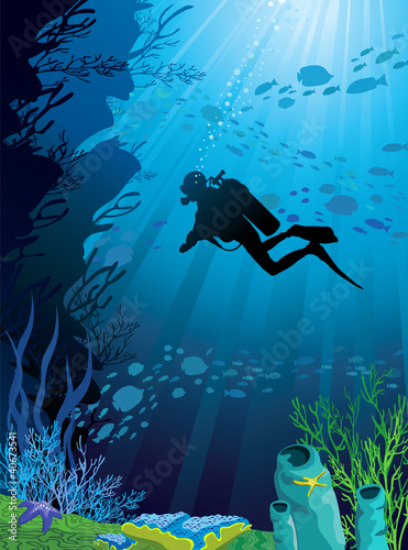 Beautiful coral reef and silhouettes of diver