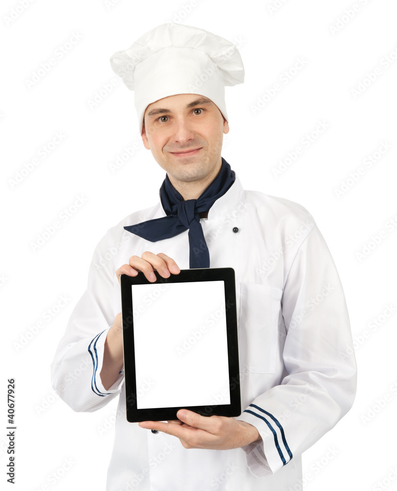 young cook man showing a digital tablet young cook man showing a digital tablet