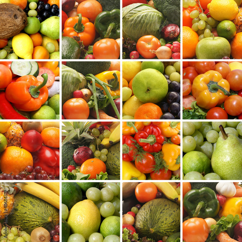 A collage of images with fresh fruits and vegetables