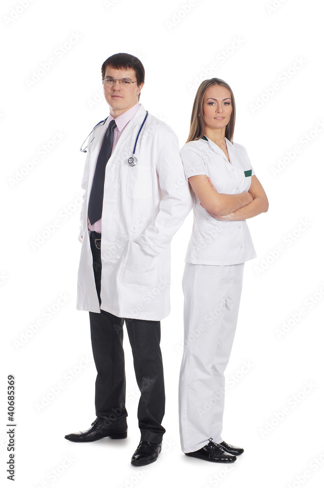 A couple of young Caucasian doctors in white clothes A couple of young Caucasian doctors in white clothes