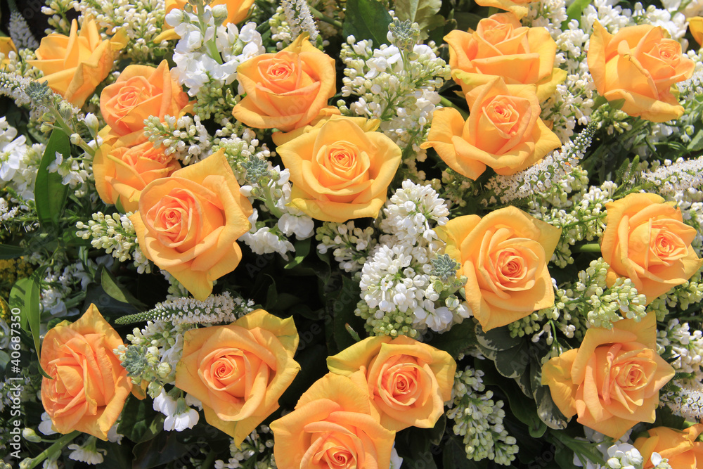 yellow rose and white common lilac wedding flowers