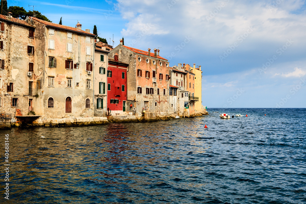 Old Houses Facing Sea in the Medieval City of Rovinj, Croatia