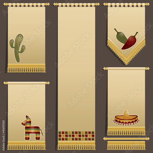 mexican wall hanging banners with gold fringing vector cactus pinata sombrero chili pepper clipart with copy space