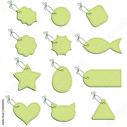 Green labels on a string