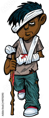 Cartoon injured indian man with walking stick and bandages