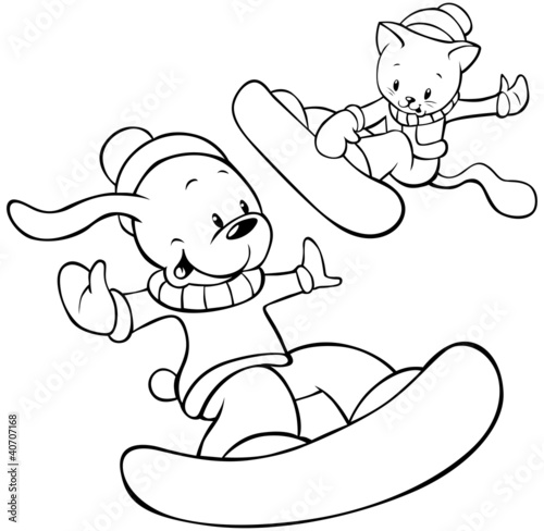 cat and dog on the snowboard