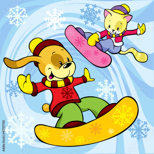 cat and dog on the snowboard