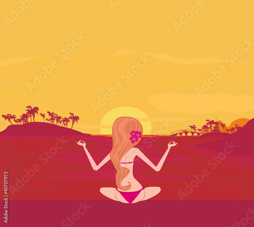 Girl in Yoga pose on Summer background