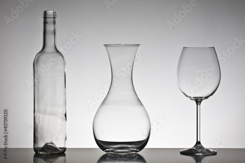 Bottle, decanter and glass