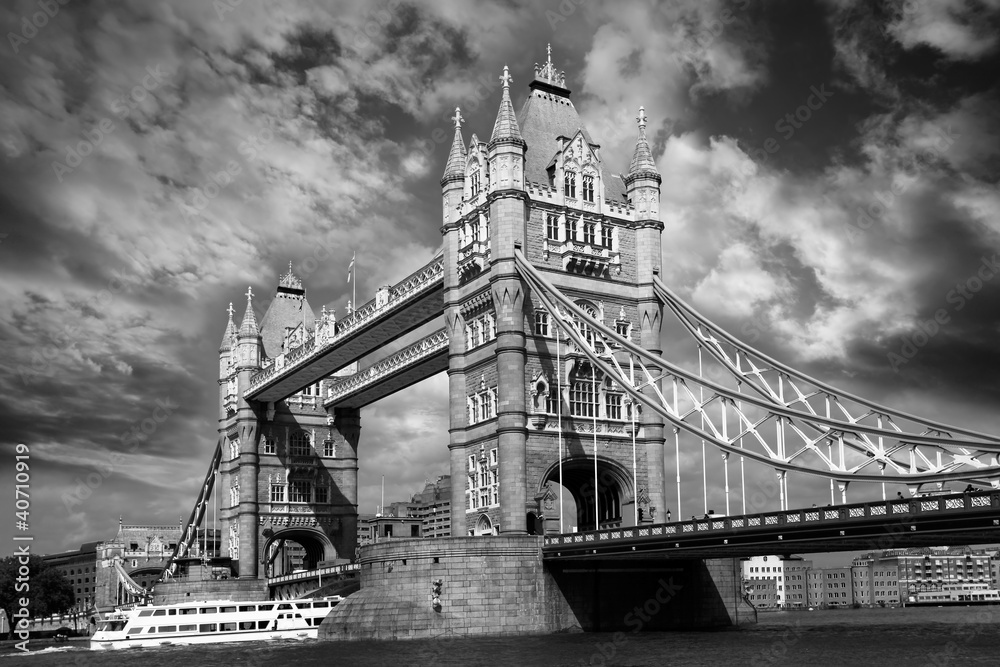 Tower Bridge in black and white style in London, UK