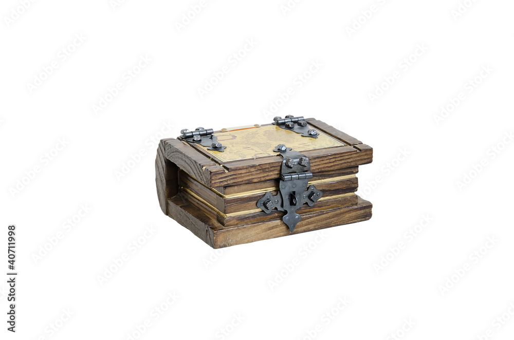 closed wooden chest with old map, isolated closed wooden chest with old map, isolated