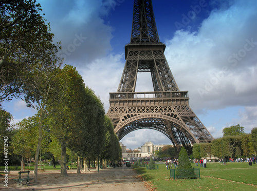 Eiffel Tower with Clouds from Champs de Mars in Paris