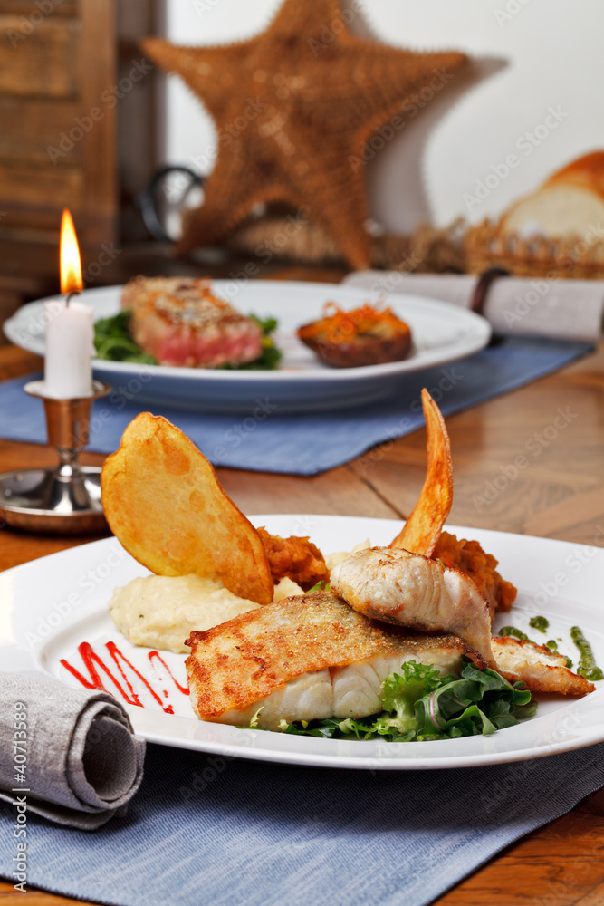 roasted pikeperch fillet with mashed potatoes roasted pikeperch fillet with mashed potatoes