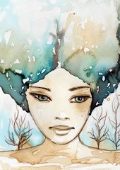 Fototapete Malerische Inspiration Aquarell Porträt eines Mädchens  © bruniewska
