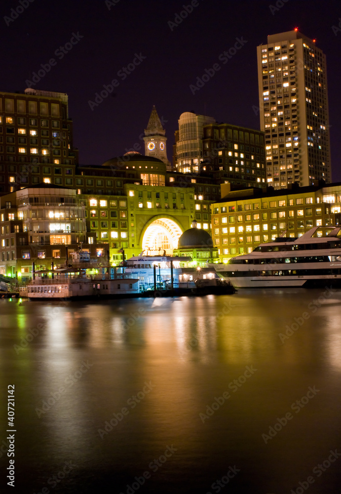 Boston Massachusetts at night from across Fort Point Channel