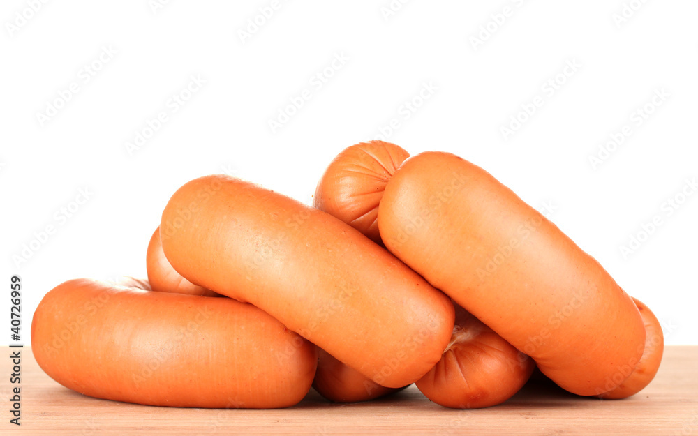 tasty sausages on wooden board isolation on white tasty sausages on wooden board isolation on white