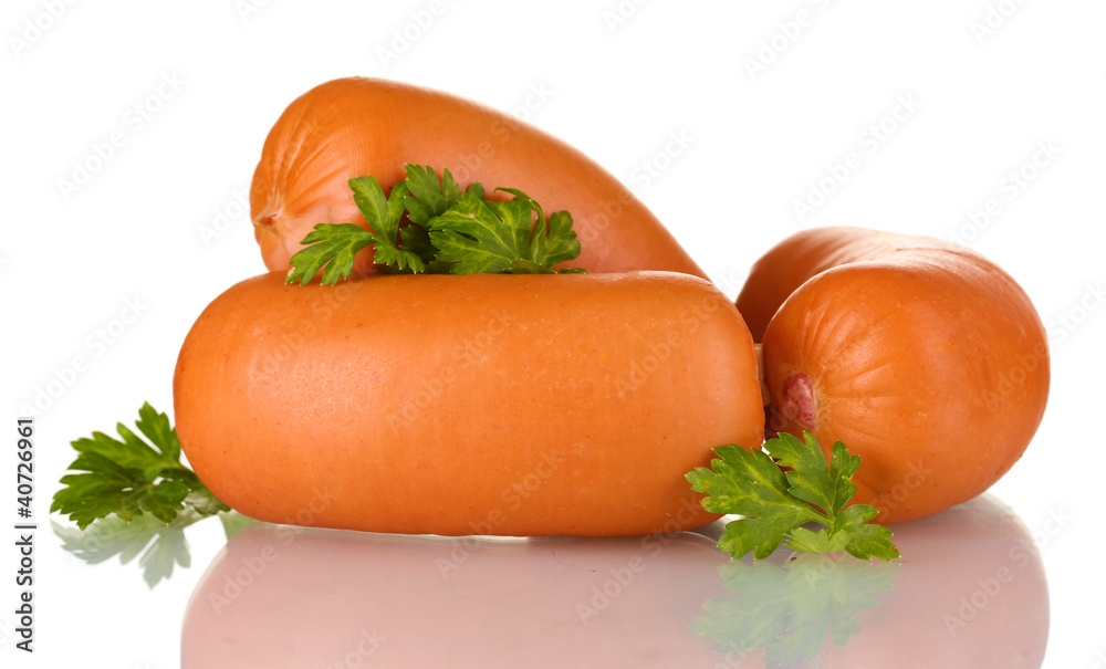 tasty sausages and parsley isolation on white tasty sausages and parsley isolation on white