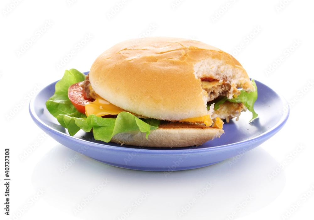 Bitten cheeseburger on plate isolated on white Bitten cheeseburger on plate isolated on white