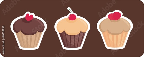 Vector sweet muffin cakes isolated on dark background
