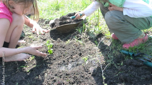 children watering digging and planting photo