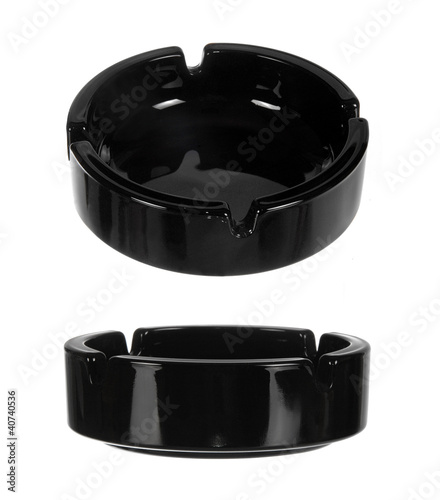 two views of black ashtray isolated on white