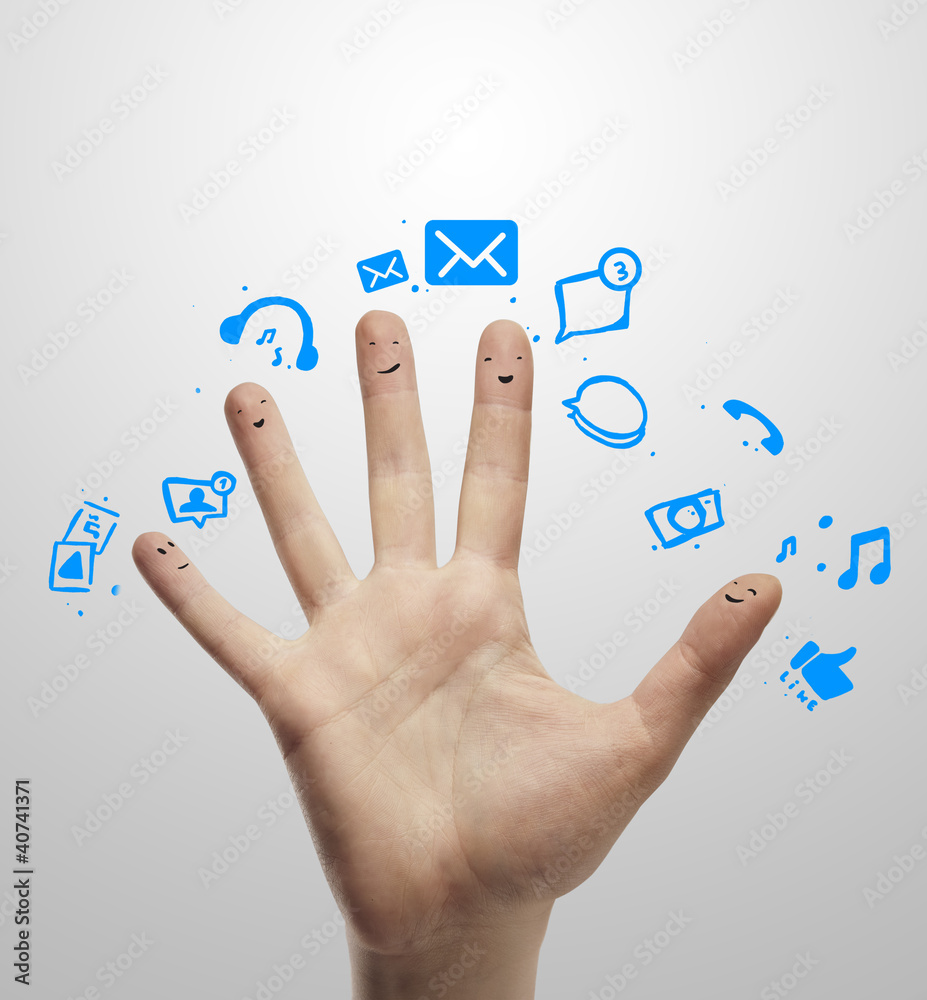 Happy group of finger smileys with social chat sign Happy group of finger smileys with social chat sign