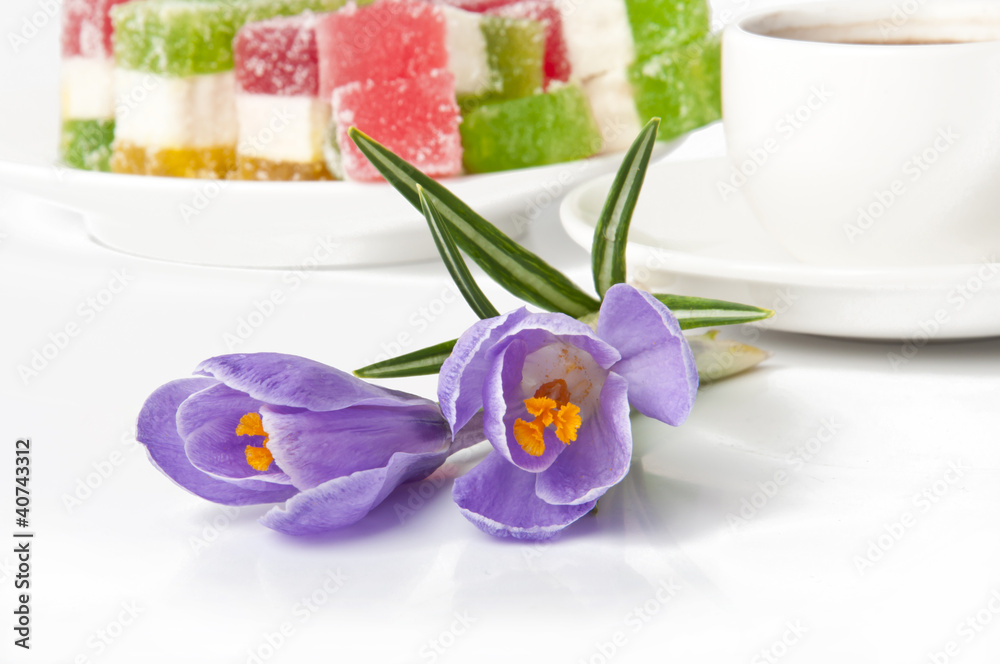 cup of coffee and a purple flower cup of coffee and a purple flower